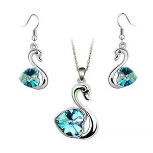 Sterling Silver Blue Crystal Swan Necklace Swan Earrings Set